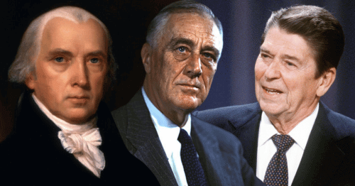 Presidents James Madison, Franklin D. Roosevelt, and Ronald Reagan